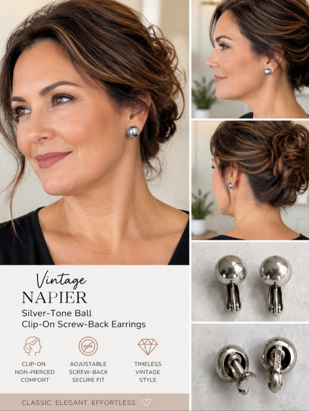 Vintage Napier Silver-Tone Ball Clip-On Screw-Back Earrings Signed